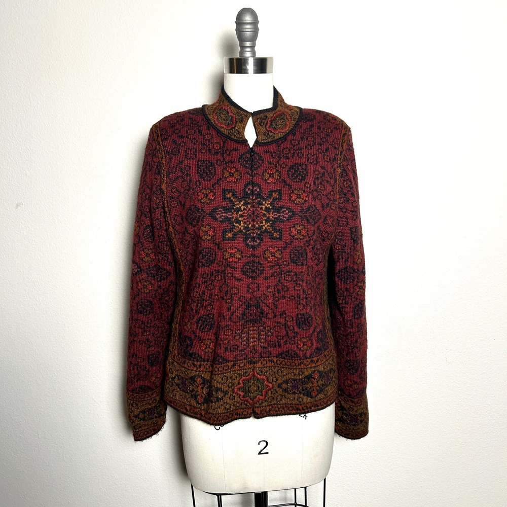 Peruvian Connection Red 100% Alpaca Intarsia Knit Zip Front Jacket Women Size XS